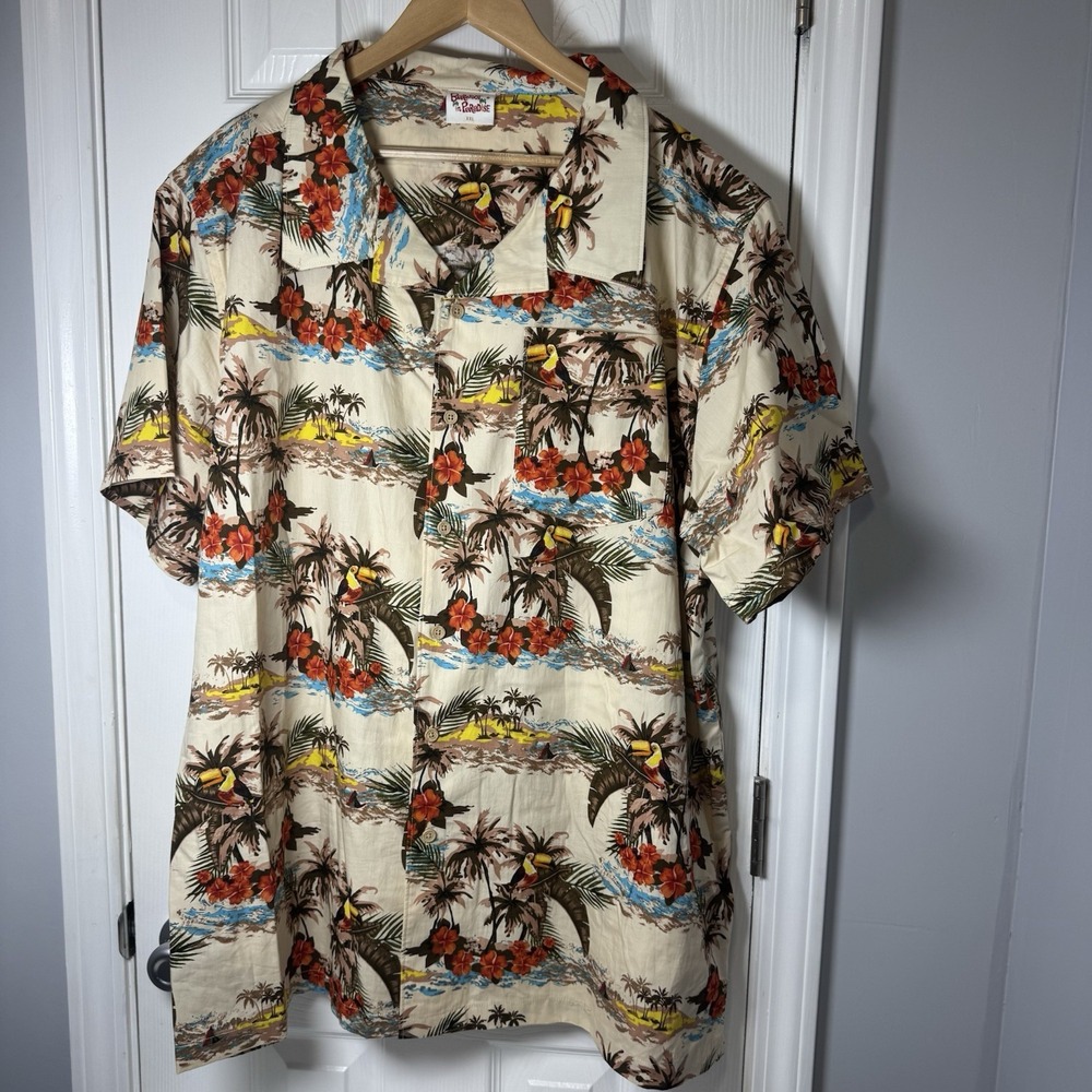 Barefoot in Paradise Hawaiian Shirt Mens XXLarge 2x Tan Palm Button Up NWOT